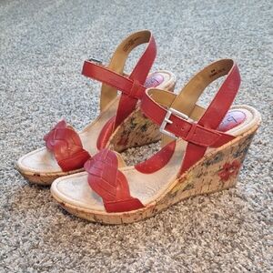 Boc Fun Floral Print Women's Red Wedge Sandals Red Leather